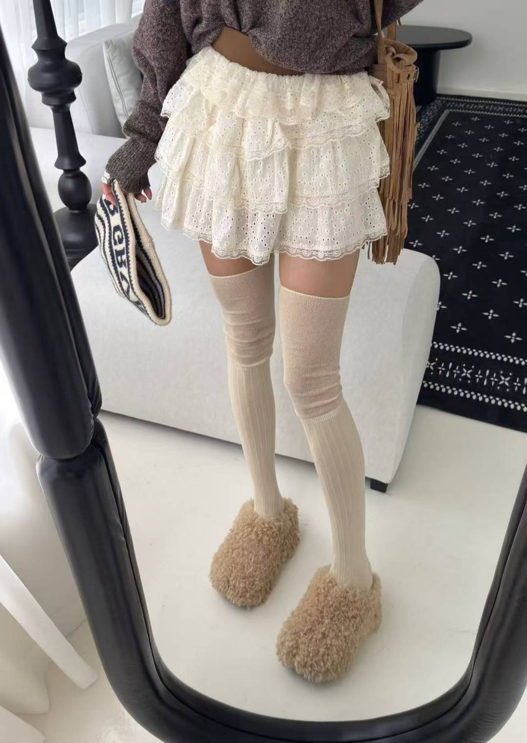 棕邊蛋糕蕾絲褲裙