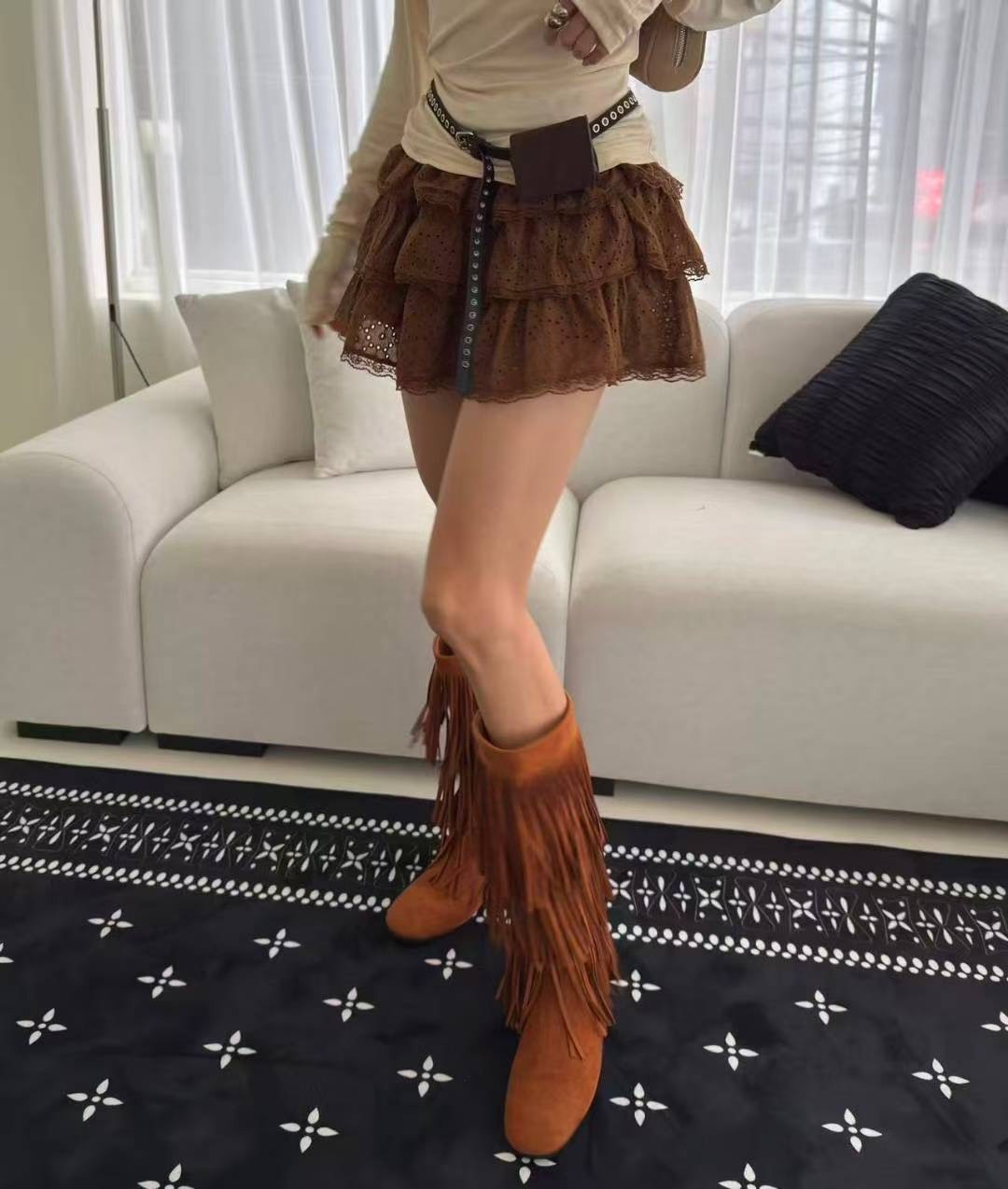 棕邊蛋糕蕾絲褲裙