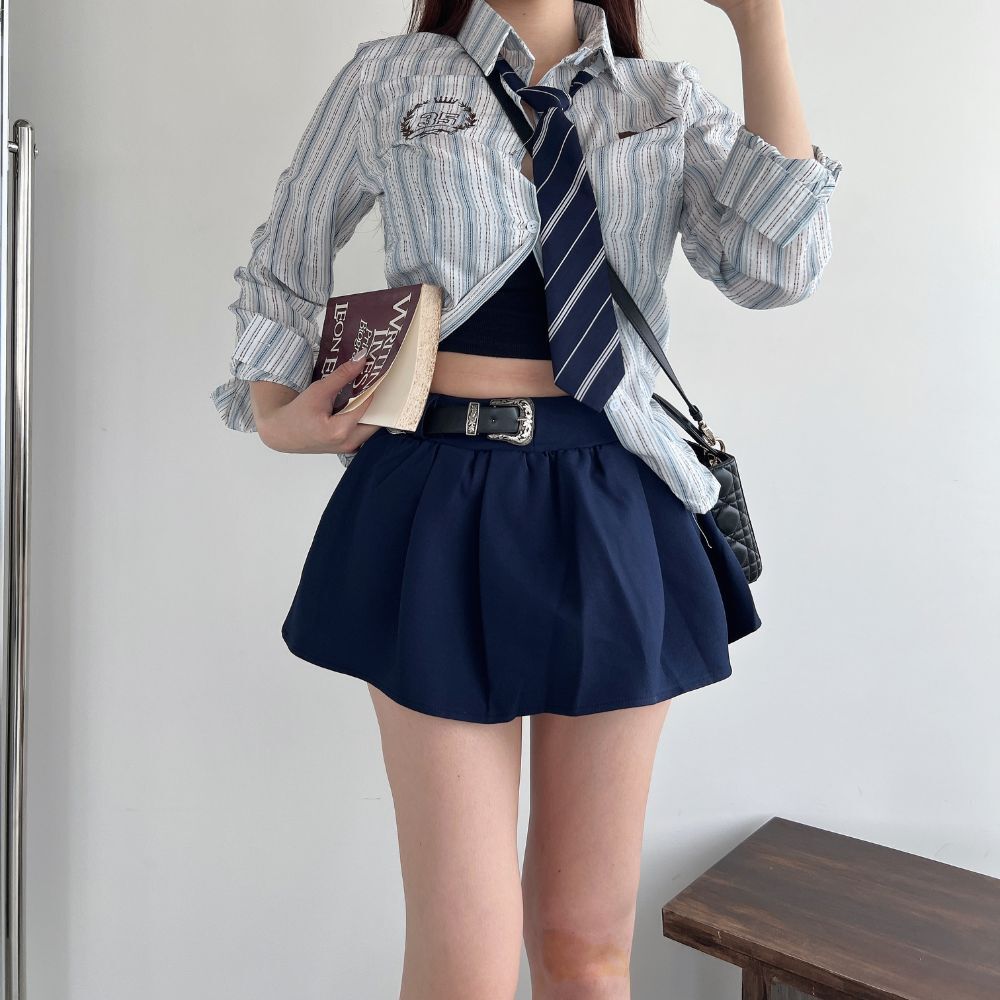 【學院辣妹】DOMISS 高腰百褶短裙-附腰帶 裙子女生 百褶裙3色(現貨)