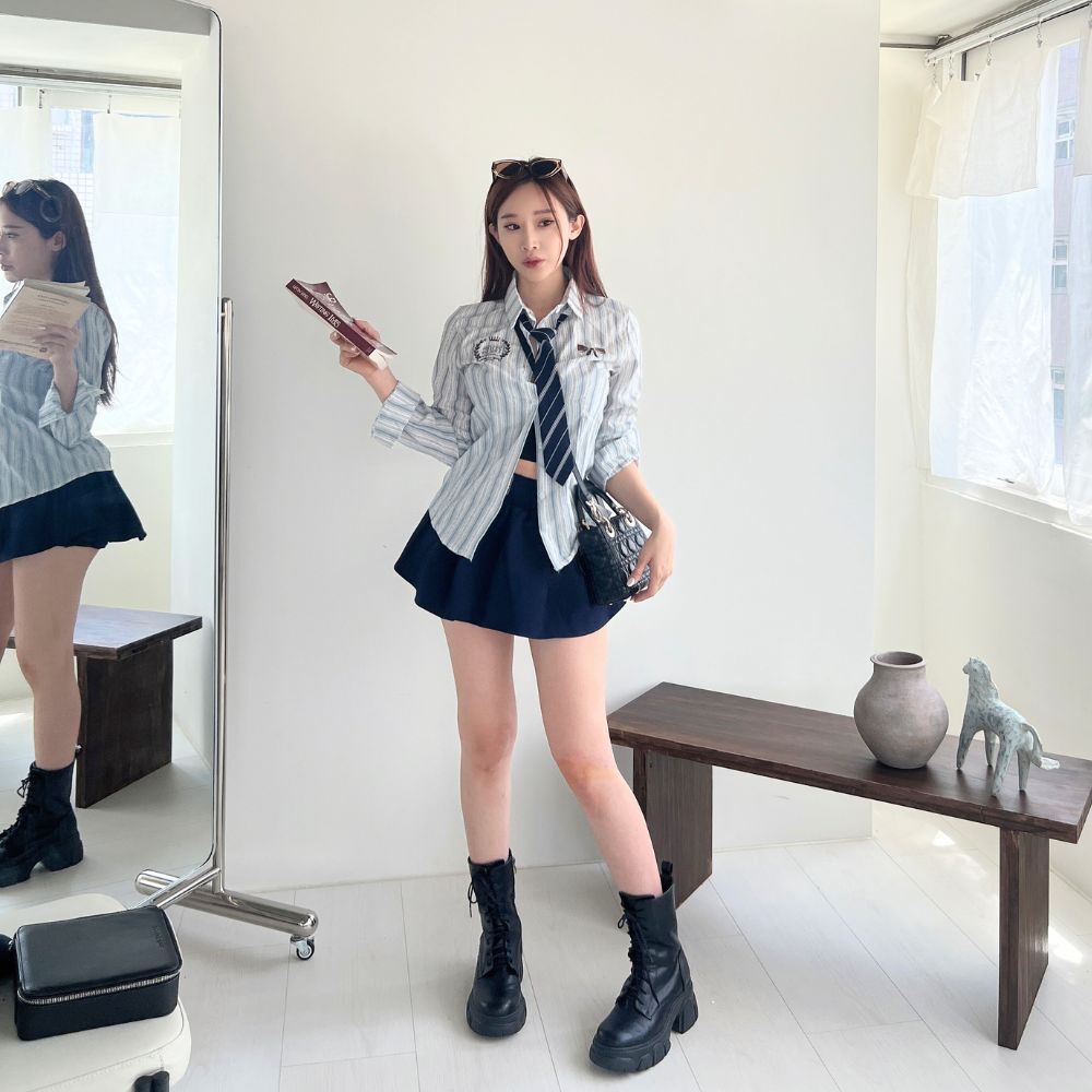 【學院辣妹】DOMISS 高腰百褶短裙-附腰帶 裙子女生 百褶裙3色(現貨)