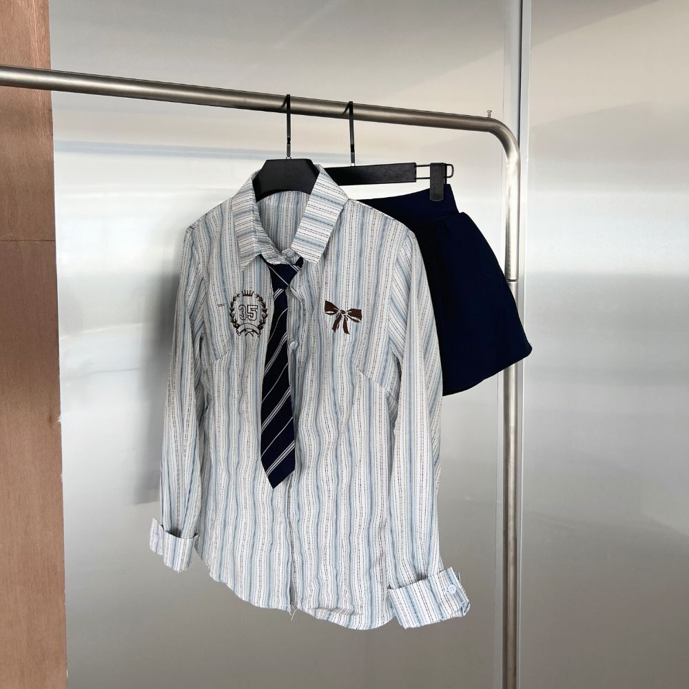【學姊帶你】DOMISS學院風襯衫-配領結 條紋襯衫 美式學院(現貨)