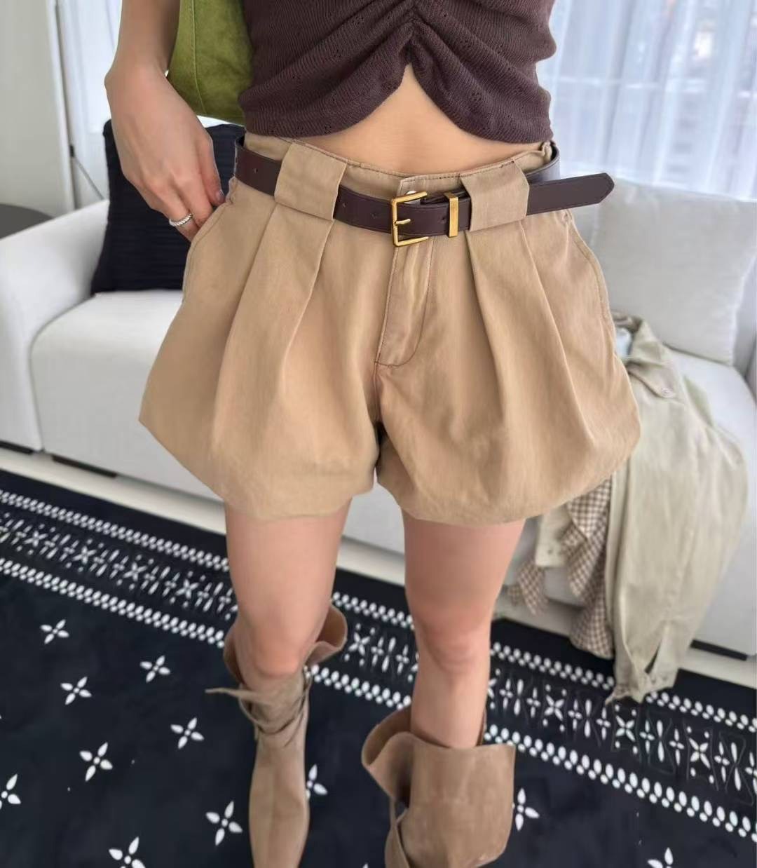 附腰帶泡泡短褲