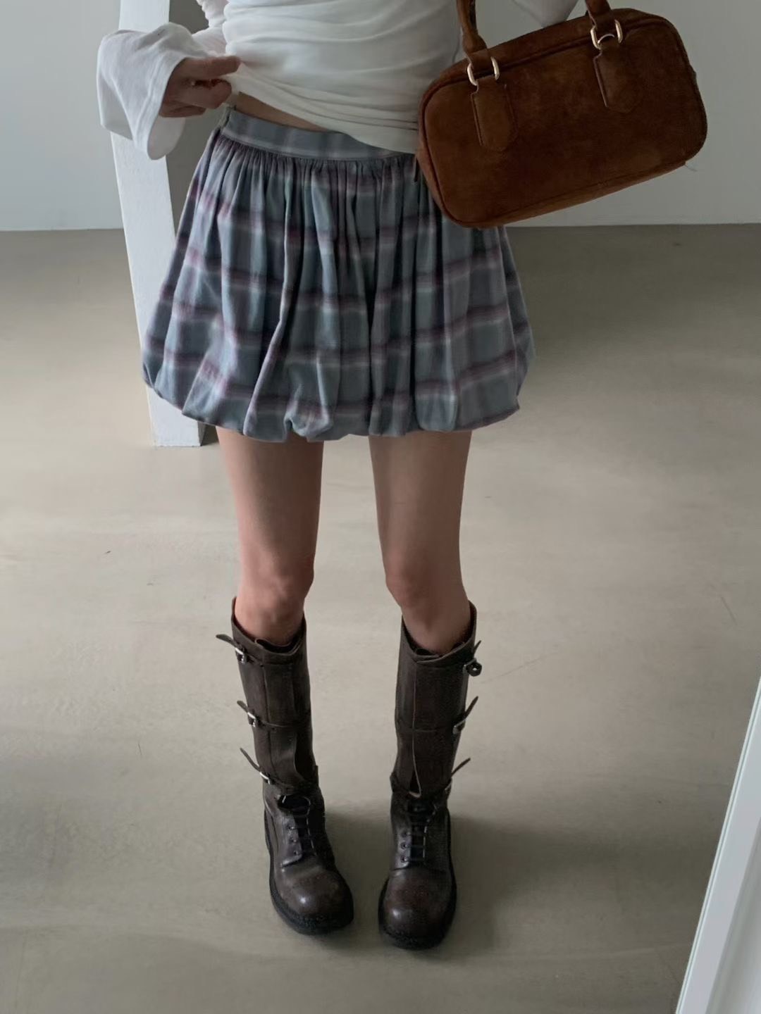 格子泡泡短褲裙