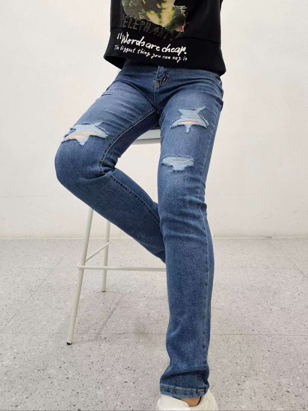 809星星破洞牛仔長褲