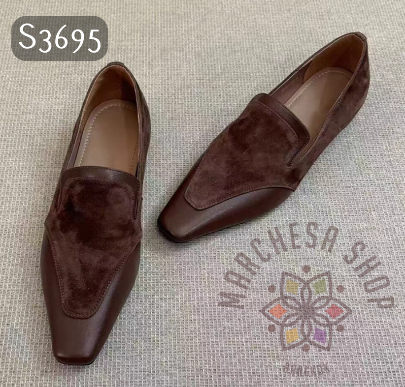 S3695 - 頭層小羊猄拼皮英倫方頭低踭鞋