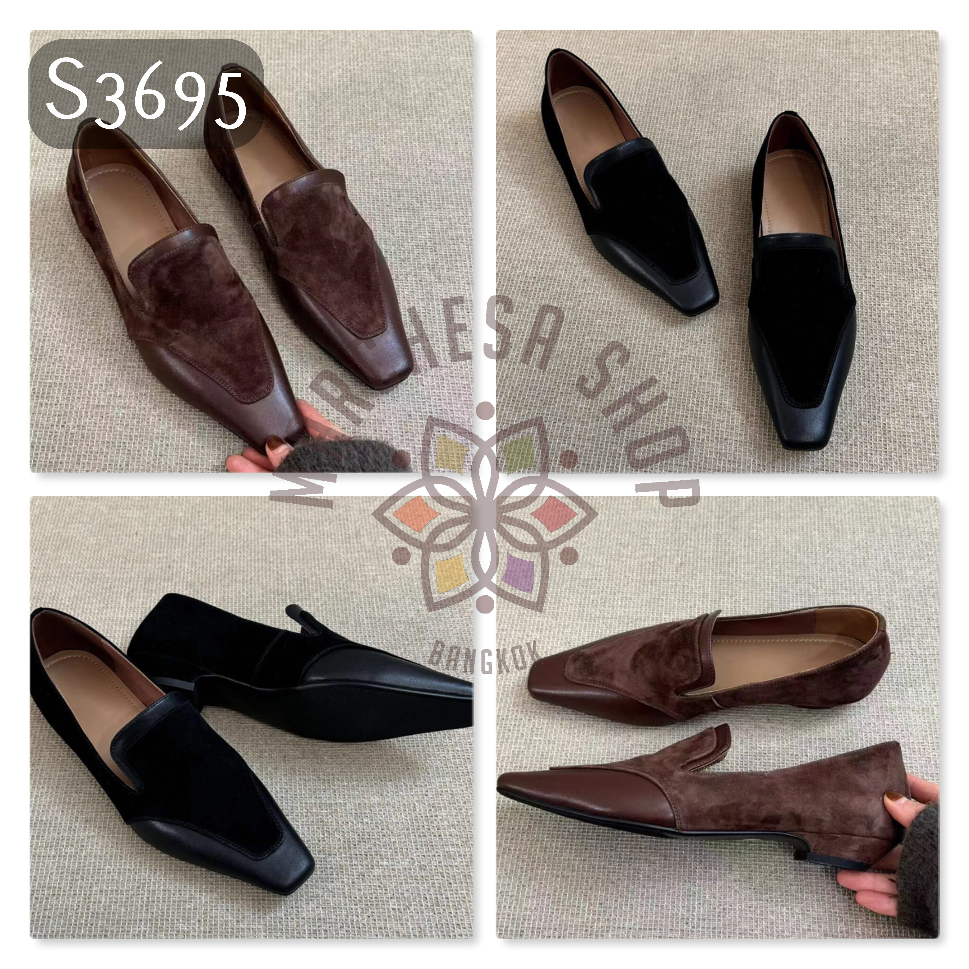 S3695 - 頭層小羊猄拼皮英倫方頭低踭鞋