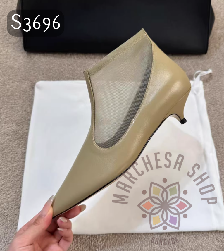 S3696 - 頭層小羊皮網紗拼接尖頭低踭踝靴