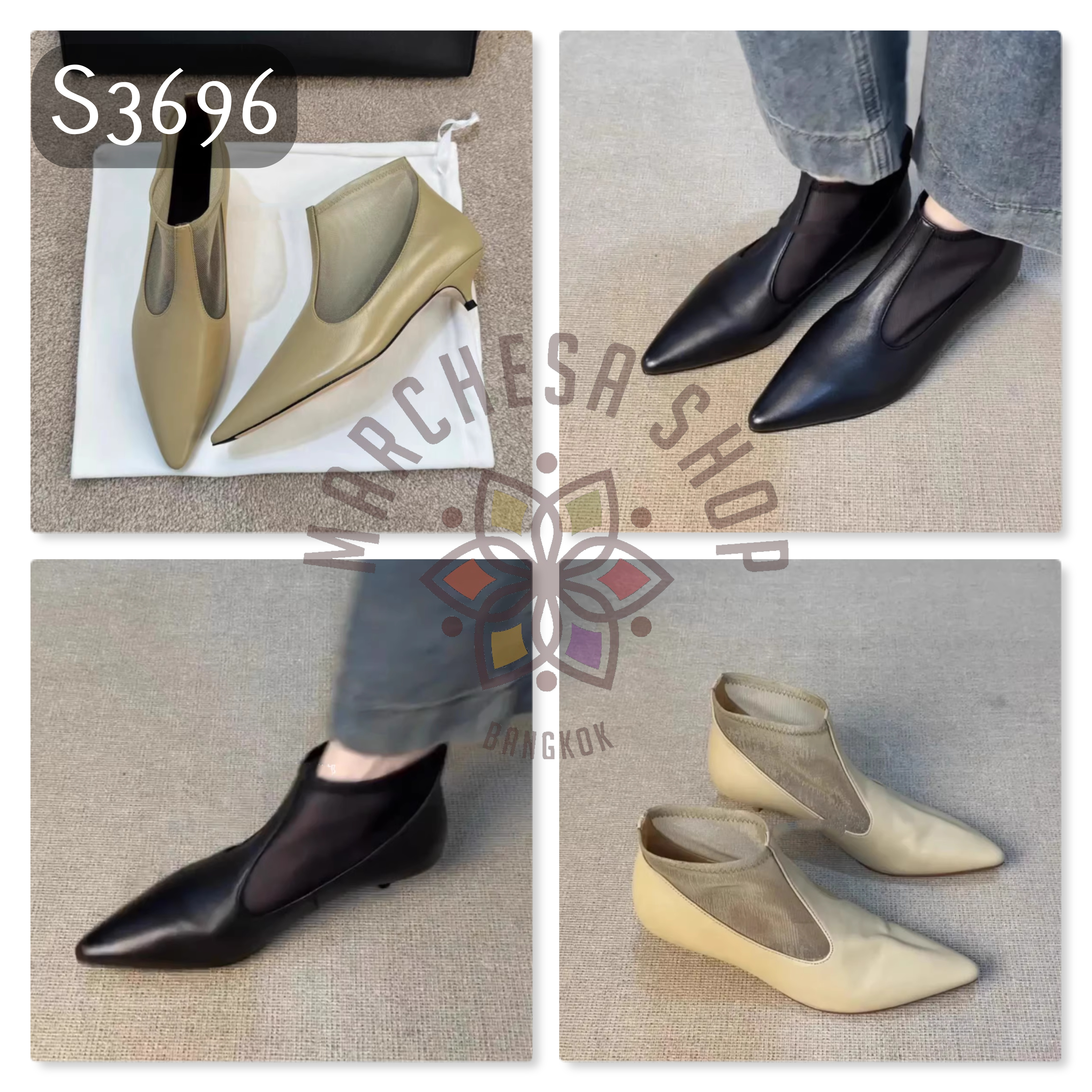 S3696 - 頭層小羊皮網紗拼接尖頭低踭踝靴