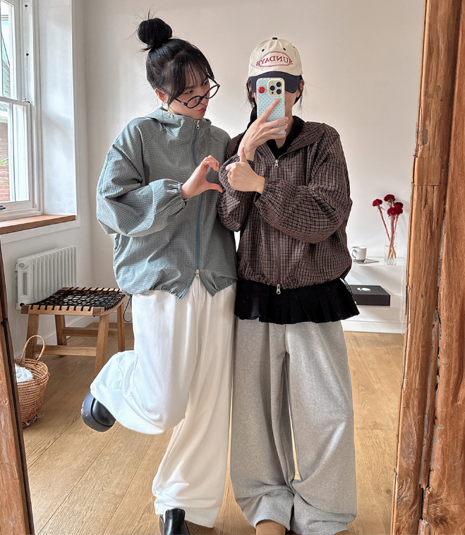 早秋預訂｜Overfit 格紋雙向連帽拉鍊風衣