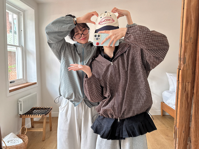 早秋預訂｜Overfit 格紋雙向連帽拉鍊風衣