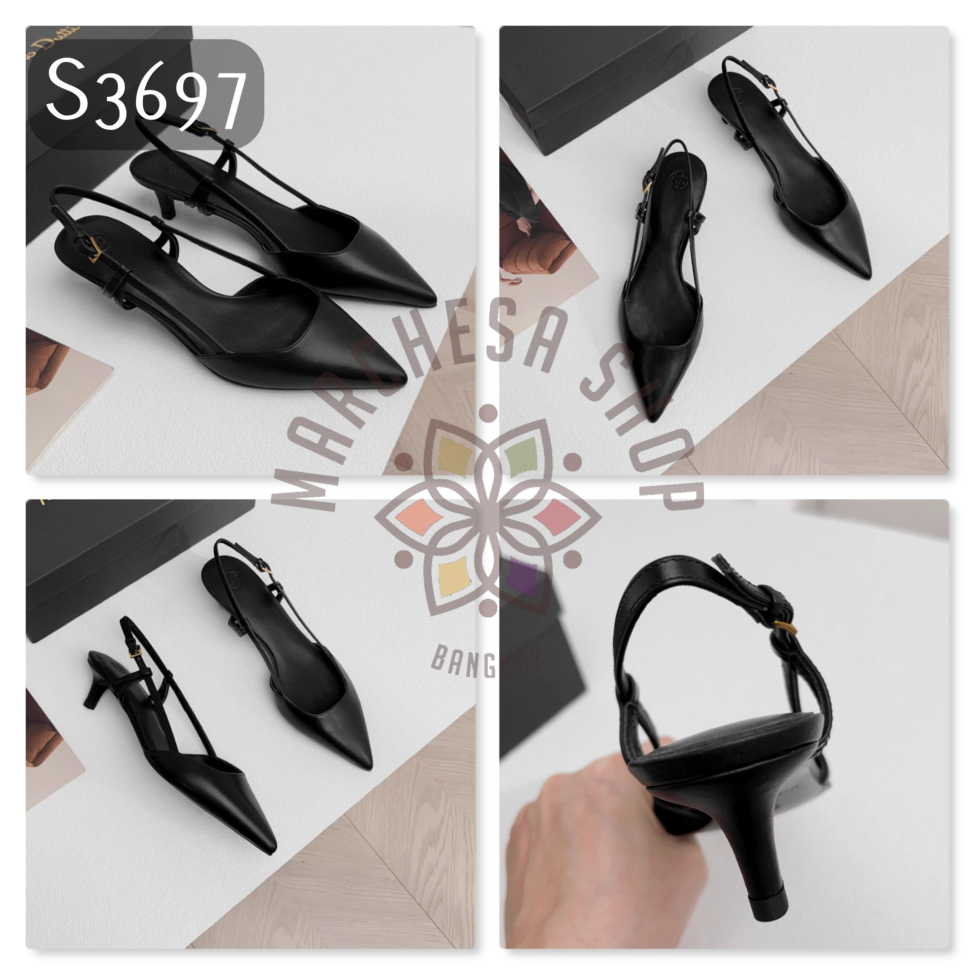 S3697 - 頭層小羊皮鏤後扣帶尖頭低踭涼鞋