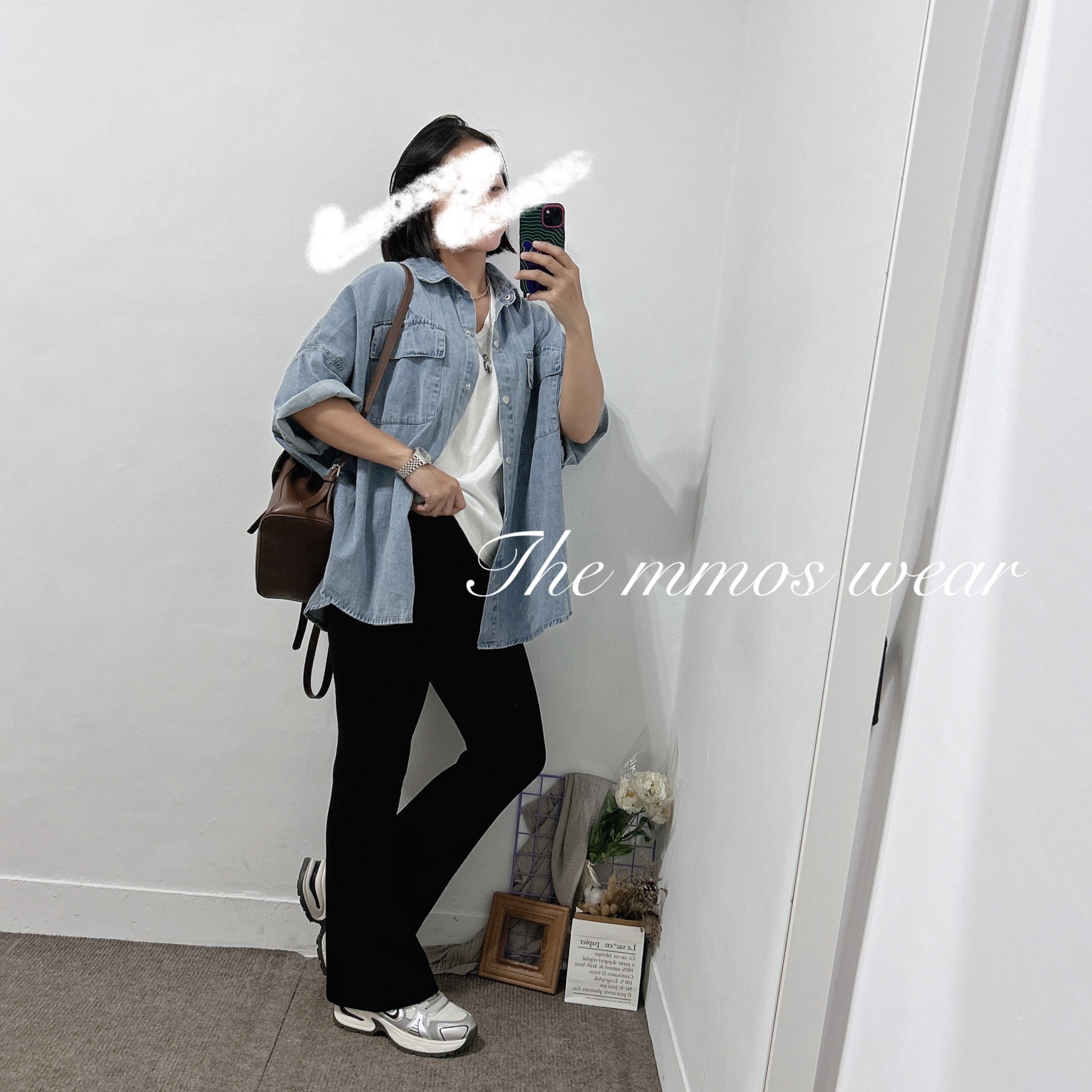 寬鬆落肩短袖牛仔襯衫(牛仔藍/牛仔黑)