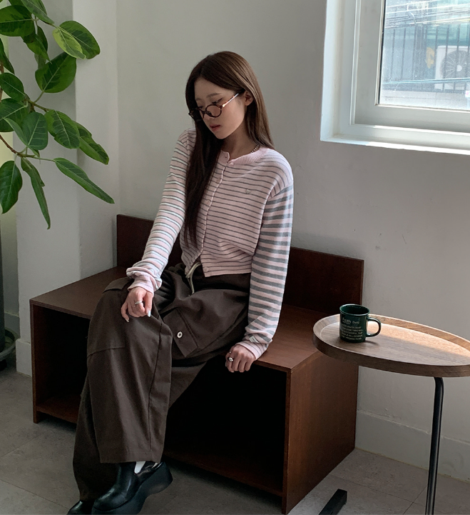 早秋預訂｜條紋拼色半短針織開襟衫