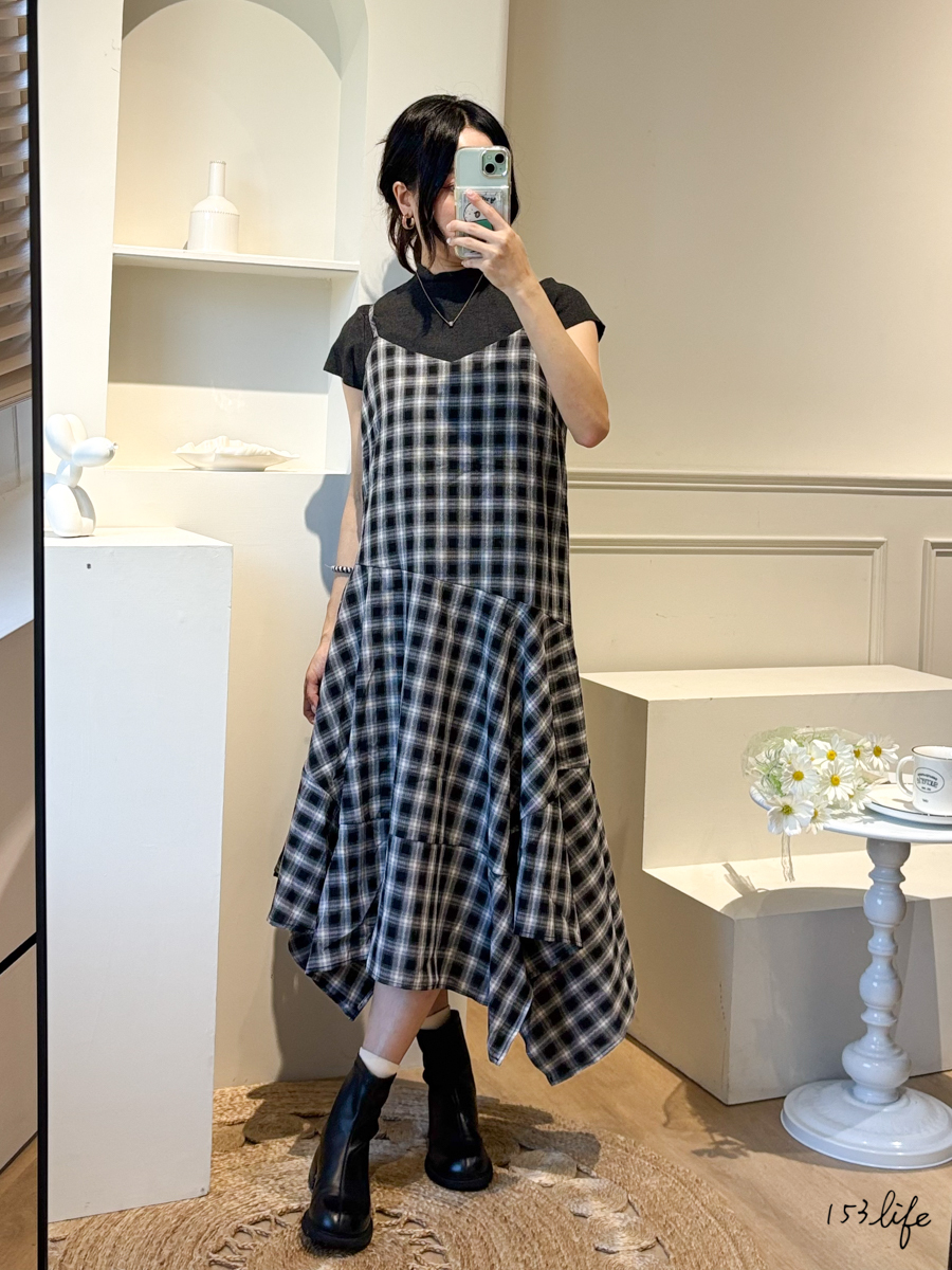 |現貨|質感立領針織內搭+仙氣格紋飄逸長洋兩件組(2色)