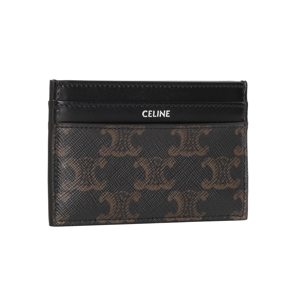 【CÉLINE】銀字凱旋標誌塗層帆布中型名片夾/卡片夾(黑色)