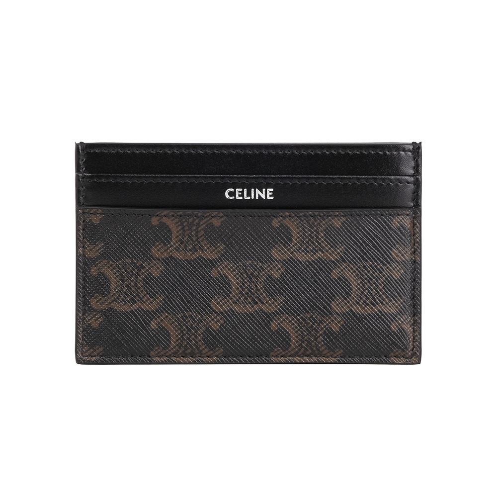 【CÉLINE】銀字凱旋標誌塗層帆布中型名片夾/卡片夾(黑色)