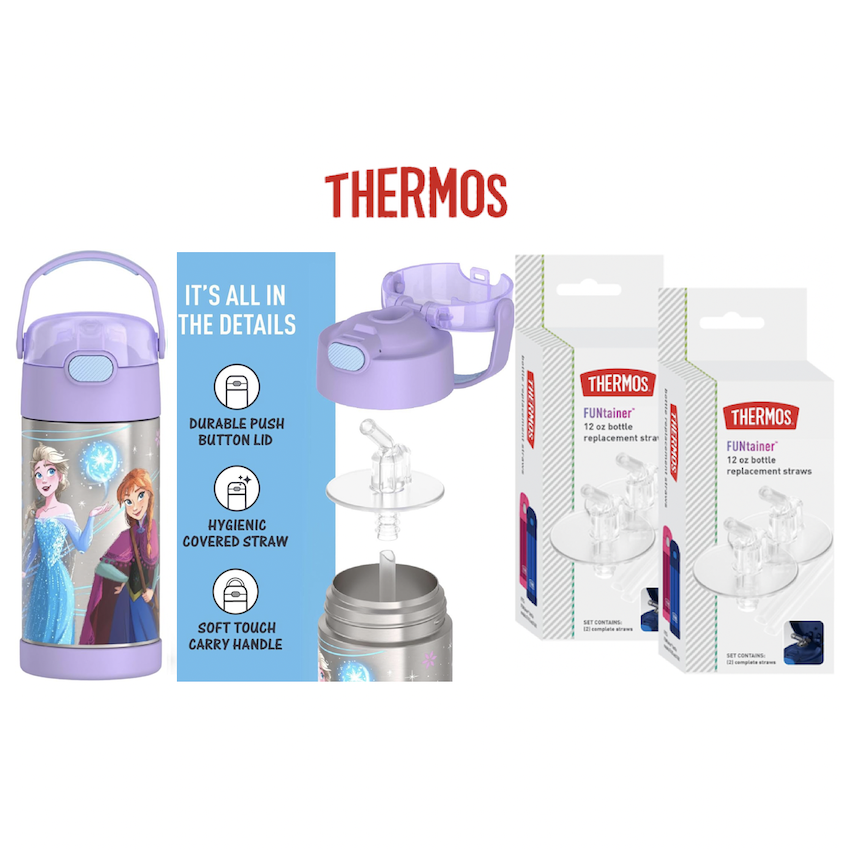 美國 Thermos 不鏽鋼真空兒童保溫吸管水壺 - Frozen + 吸管替換配件 (4 件裝)