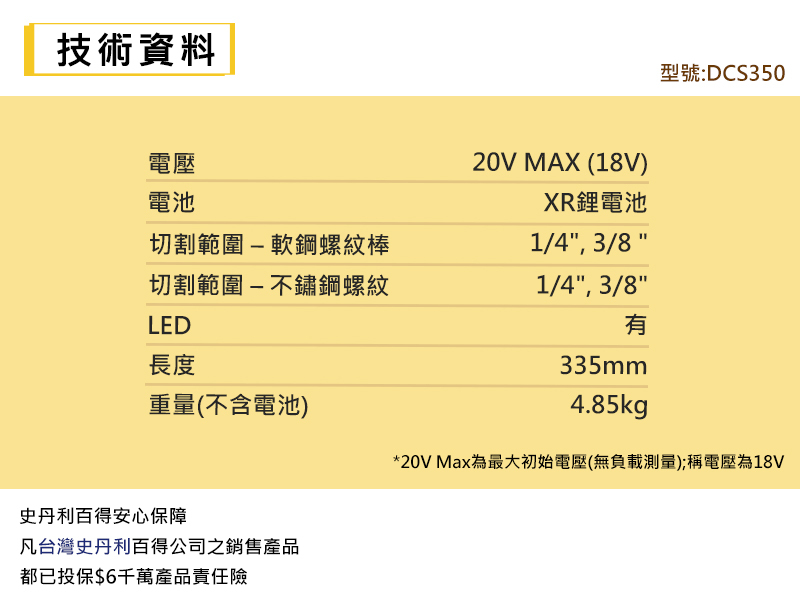 得偉 DEWALT 20V 超鋰電 牙條 切斷機  DCS350D1 單電 2.0 DCS350