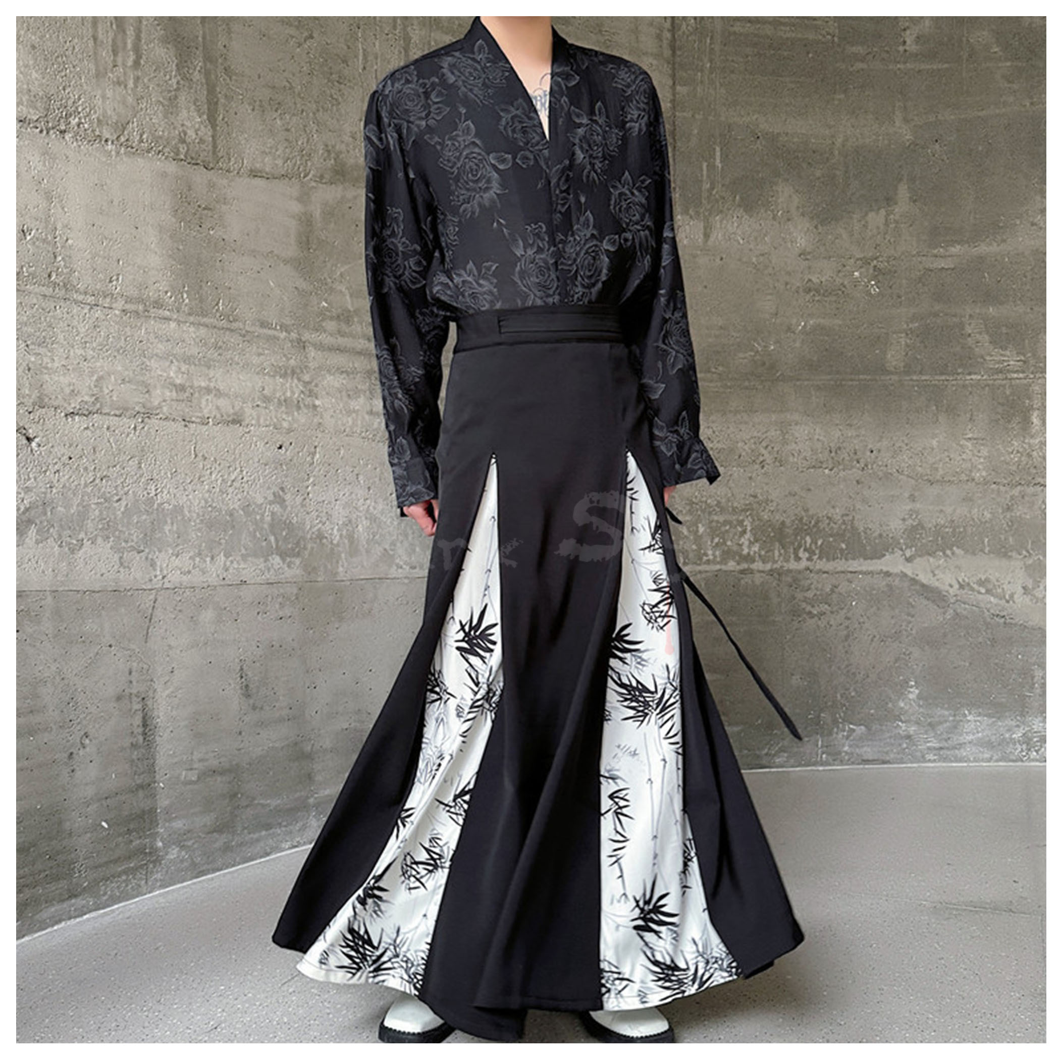 扇-墨竹撞色解構一片式飾裙