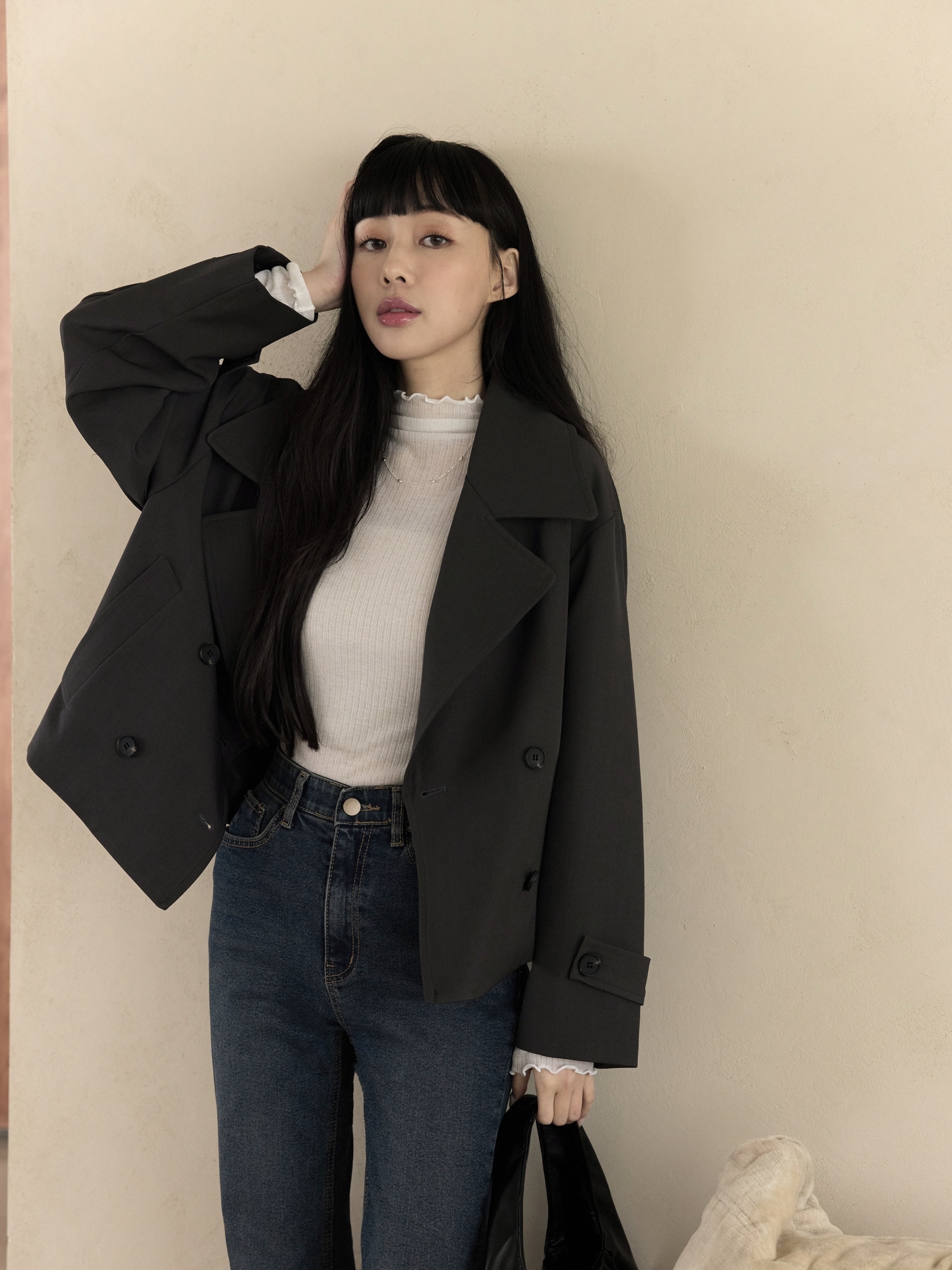 莫蘭迪修飾款翻領風衣外套