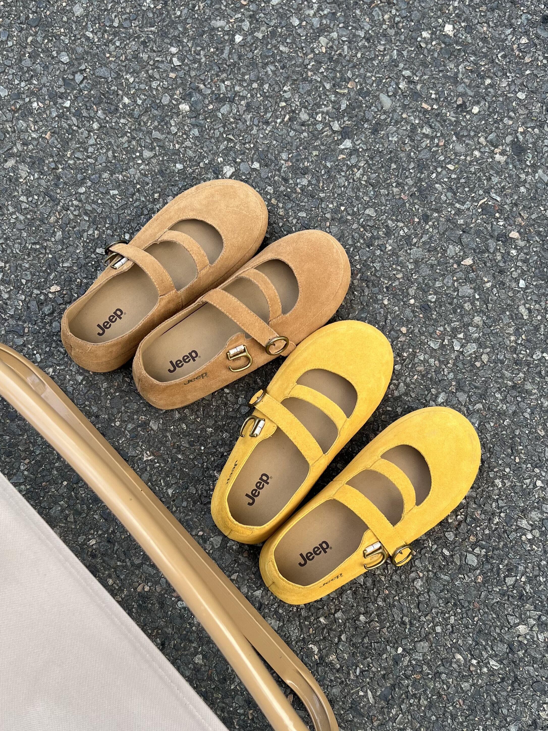 JEEP 吉普 雙綁帶簍空瑪莉珍鞋 勃肯鞋 麂皮 淺口 咖啡色 黃色 /預購