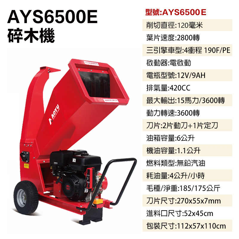 附發票｜AYS6500E｜碎木機 15HP 四行程 電啟動 側排 汽油 粉碎機 超好用 碎枝機 碎枝機