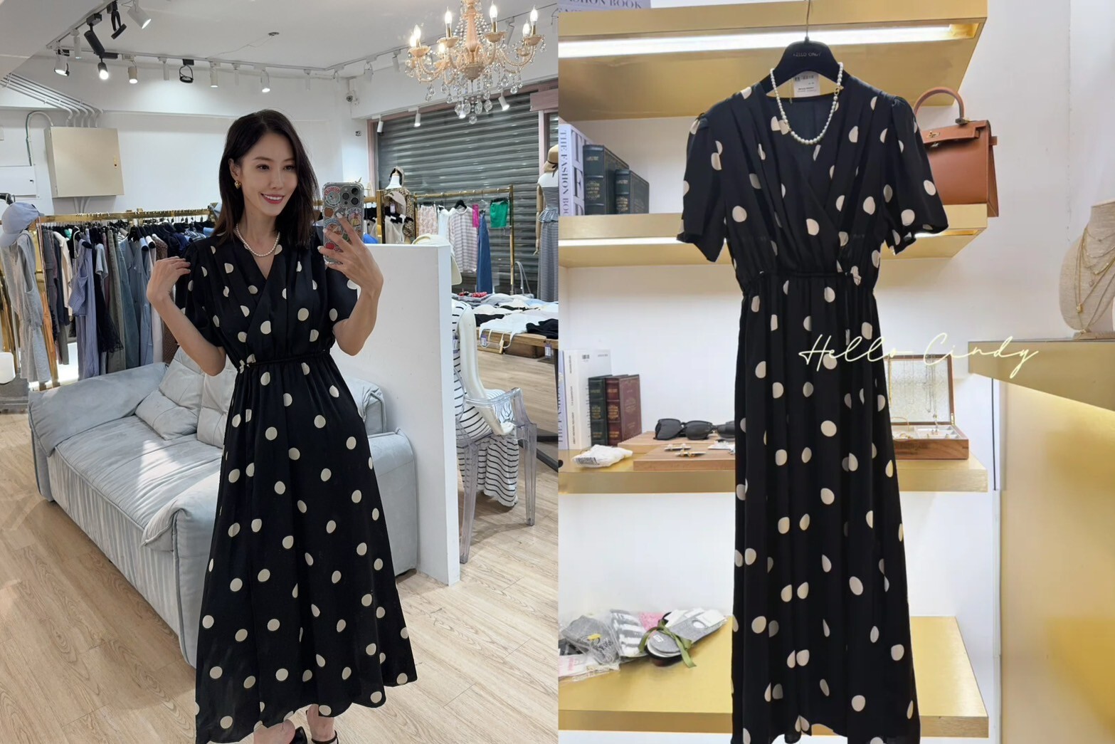 Baby系列 B08145 現貨-黑色高級緞面感波點縮腰洋裝