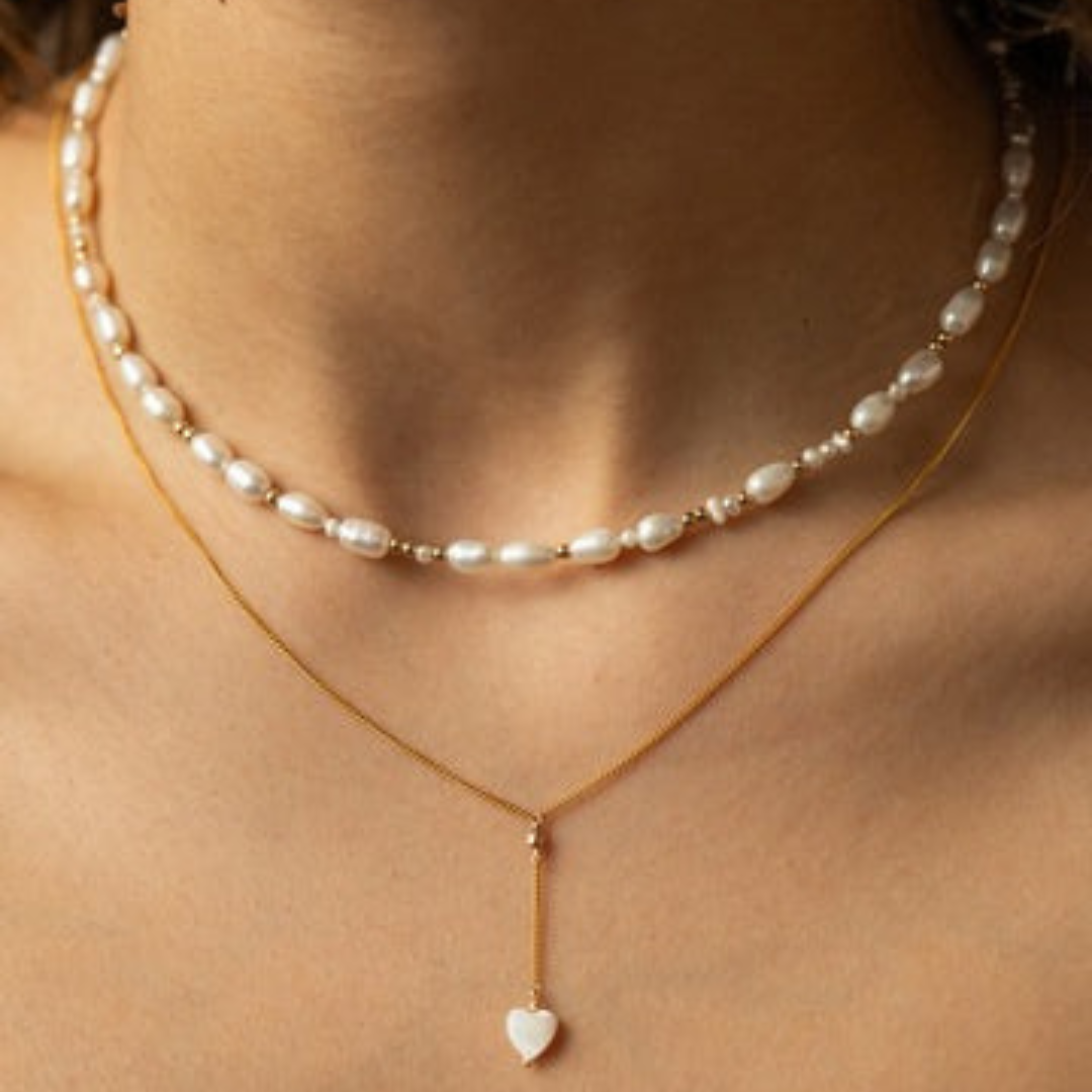 1YA0903-204 YAY PARIS Long Necklace - Three Mother of Pearl Hearts #6colg101 (A-EU-E)