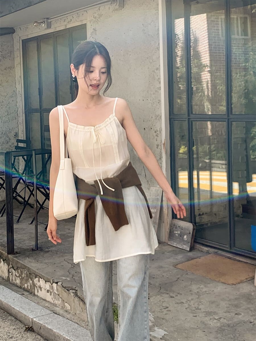 韓國Cherrykoko授權 清甜透感蝴蝶結抽繩飄逸細肩洋裝