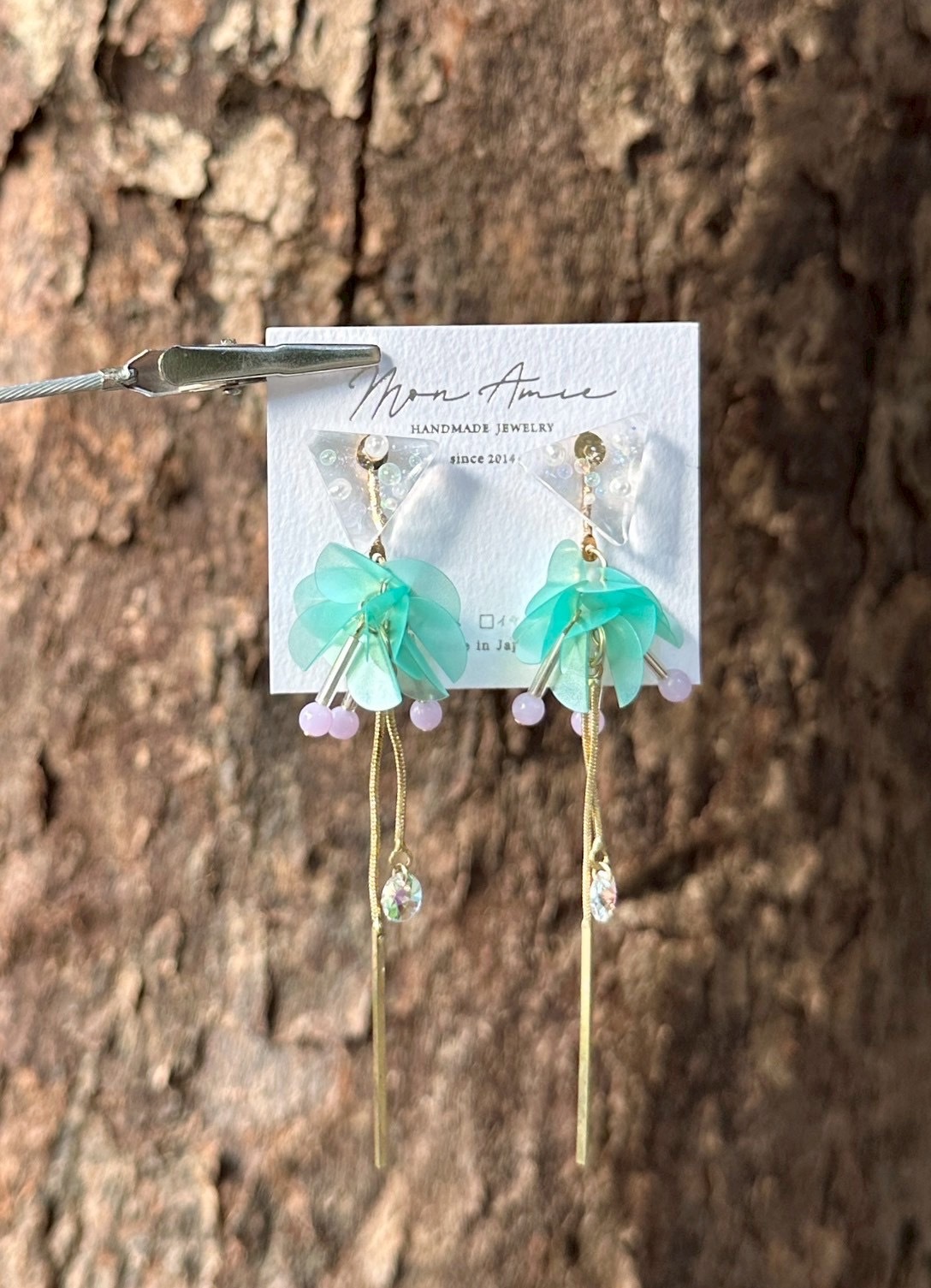 [Mon Amie] 2way 三角寶石亮片球耳環 | 綠x紫 | NO.28 | 耳針