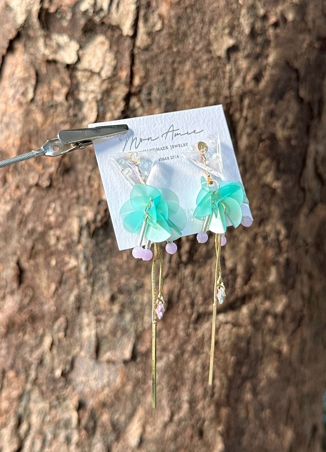 [Mon Amie] 2way 三角寶石亮片球耳環 | 綠x紫 | NO.28 | 耳針