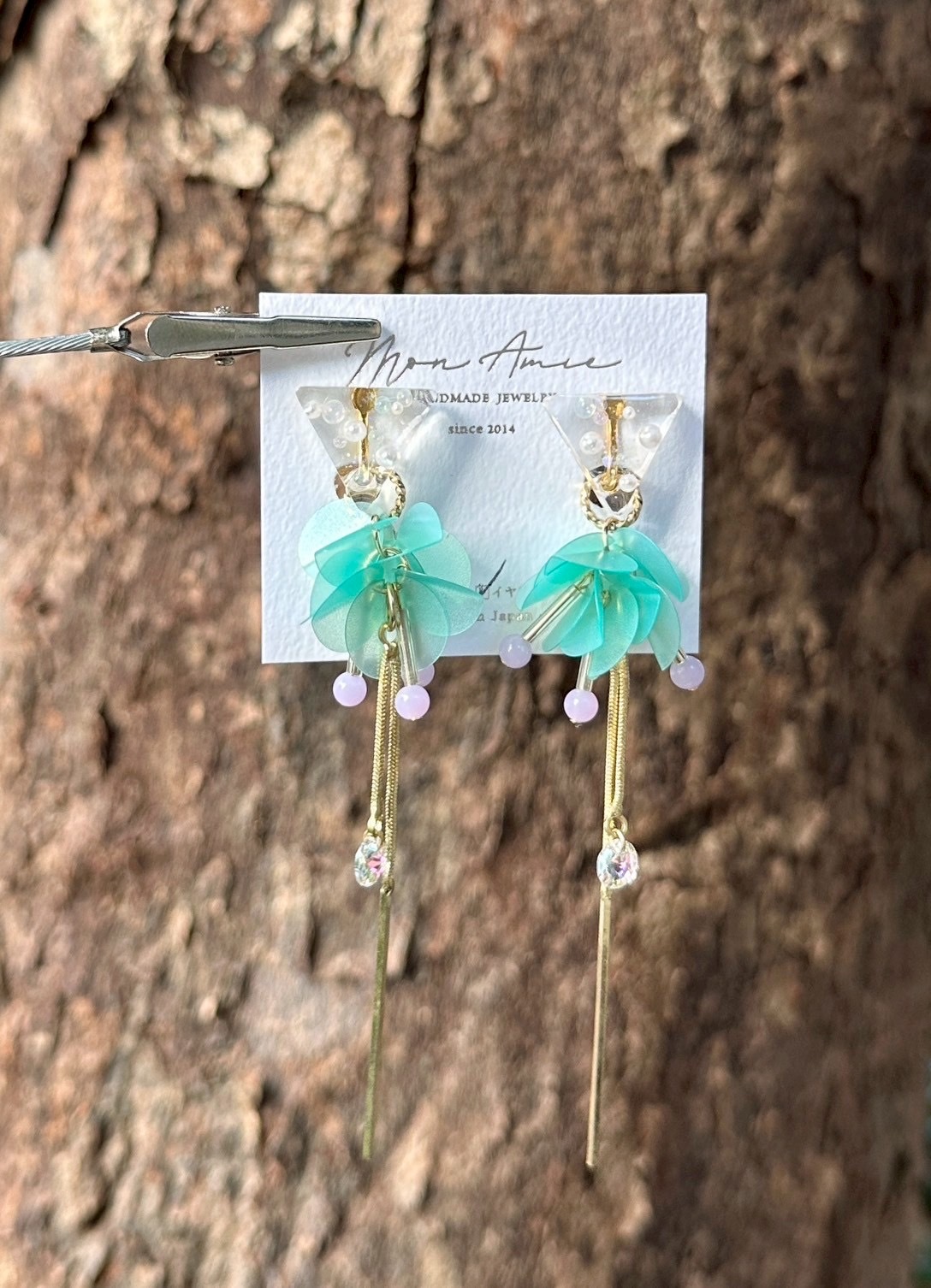 [Mon Amie] 2way 三角寶石亮片球耳環 | 綠x紫 | NO.28 | 耳夾