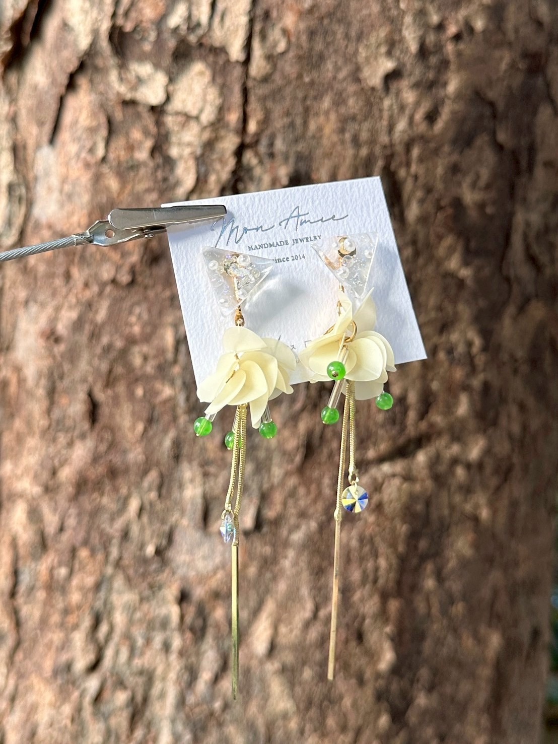 [Mon Amie] 2way 三角寶石亮片球耳環 | 綠x黃 | NO.29 | 耳針