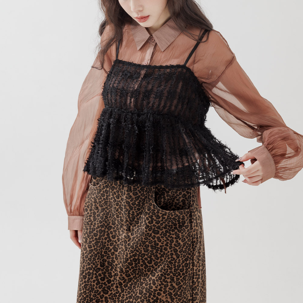 3D Feather Sheer Spaghetti-Shoulder Mesh Top (Sold in Two Colors)【01099106】in stock+pre-order