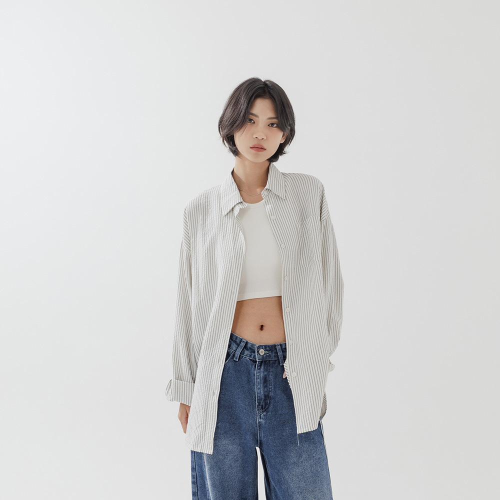 Striped crinkled wide-sleeved shirt【01025651】in stock+pre-order