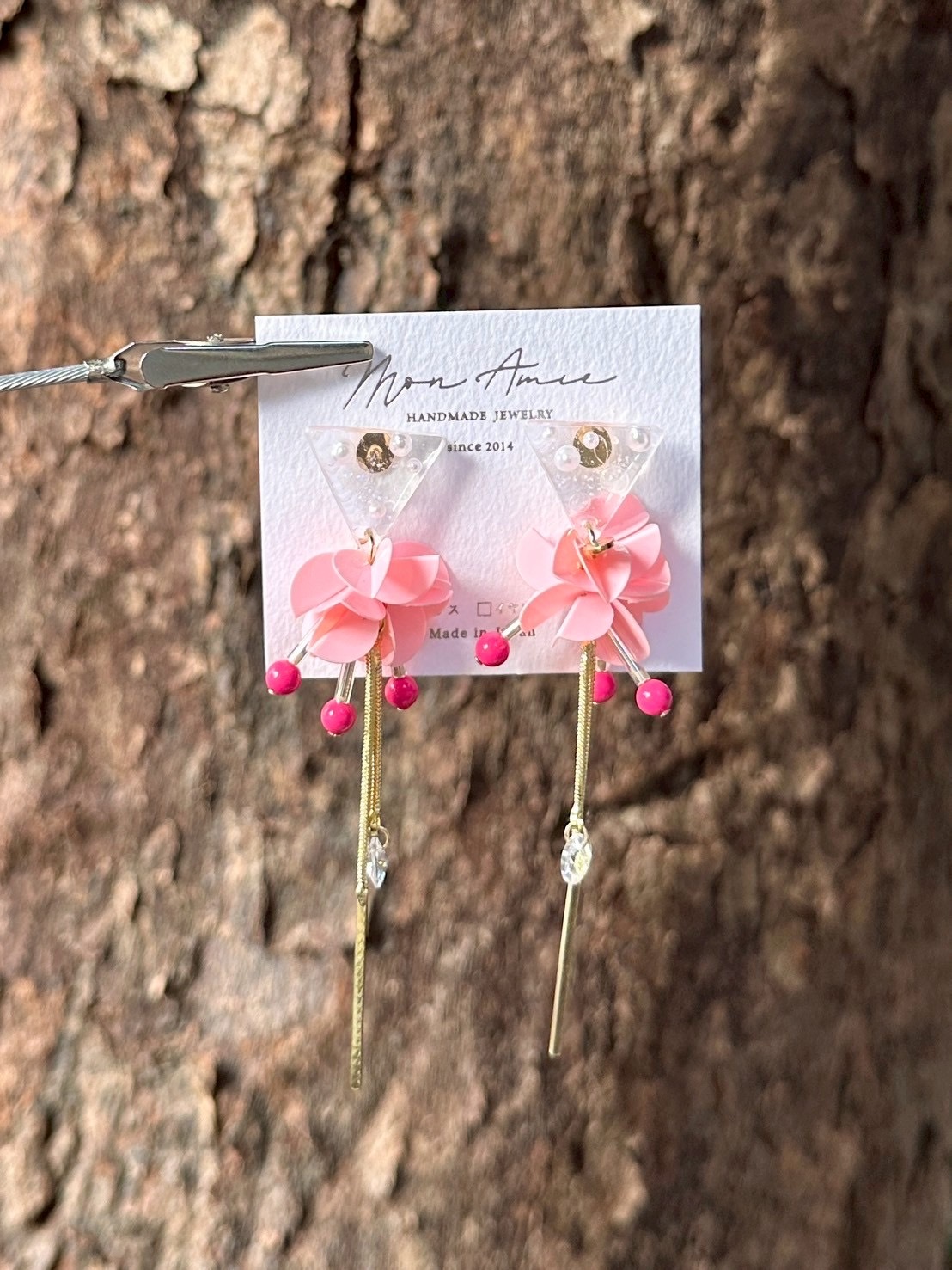 [Mon Amie] 2way 三角寶石亮片球耳環 | 粉色 | NO.30 | 耳針