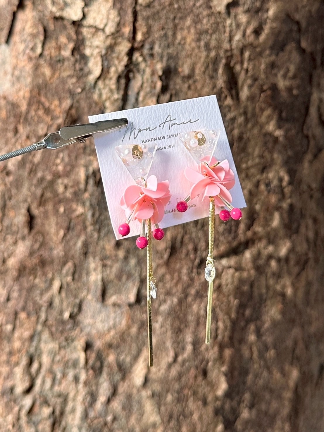 [Mon Amie] 2way 三角寶石亮片球耳環 | 粉色 | NO.30 | 耳針