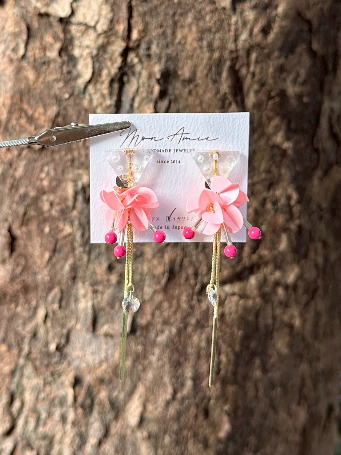 [Mon Amie] 2way 三角寶石亮片球耳環 | 粉色 | NO.30 | 耳夾