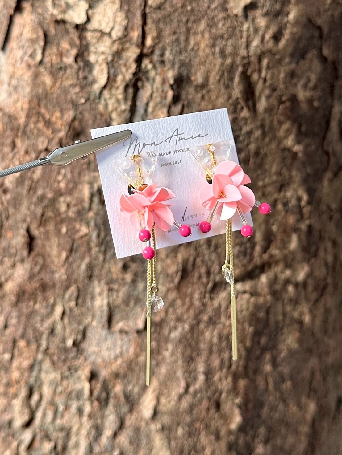 [Mon Amie] 2way 三角寶石亮片球耳環 | 粉色 | NO.30 | 耳夾