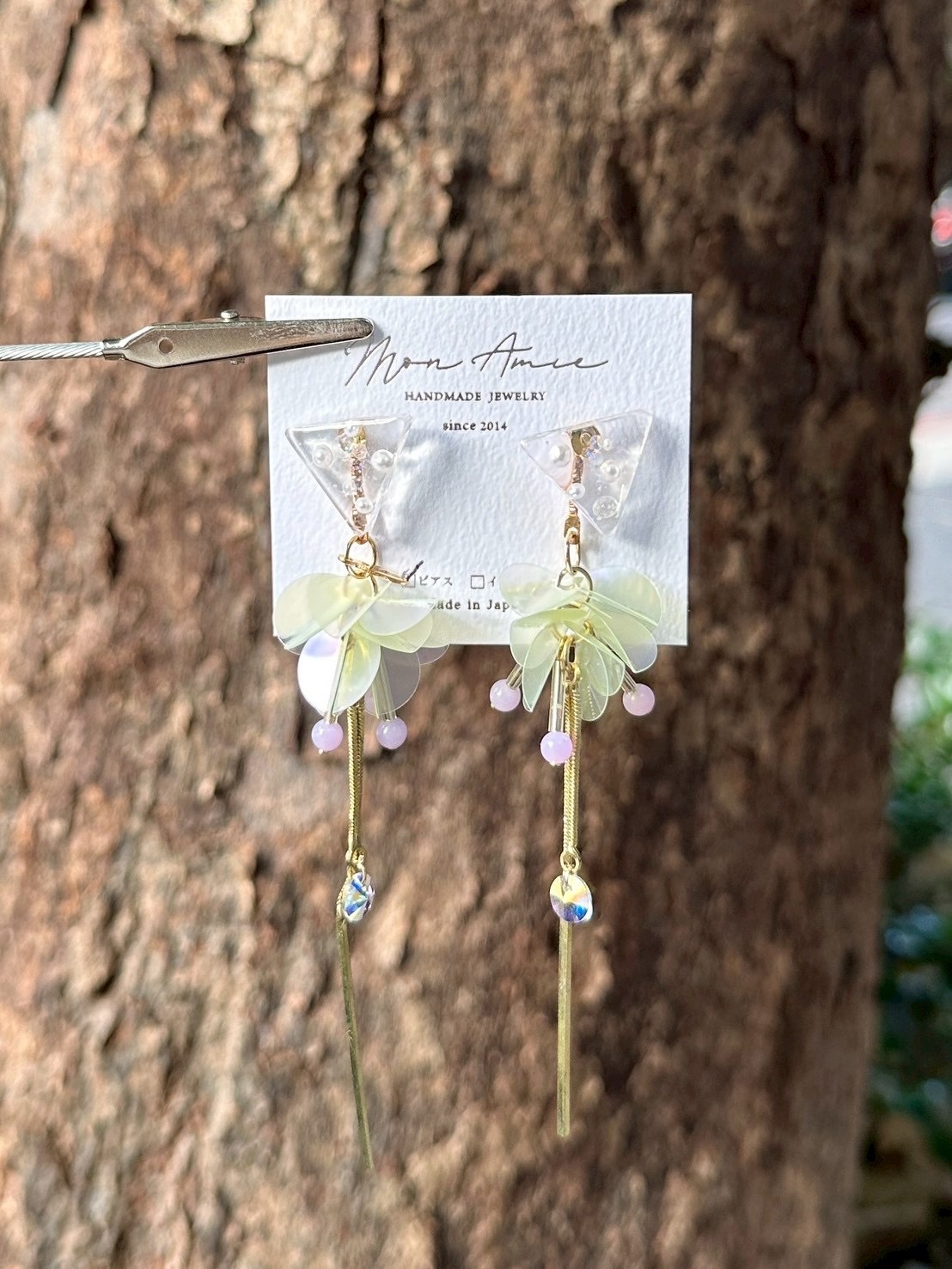 [Mon Amie] 2way 三角寶石亮片球耳環 | 淺綠x紫 | NO.32 | 耳針