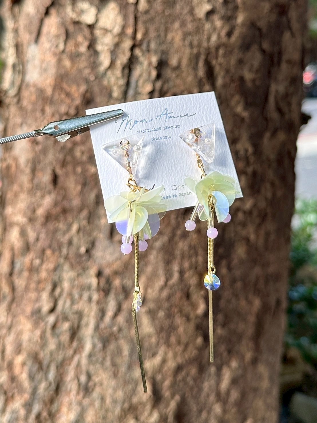 [Mon Amie] 2way 三角寶石亮片球耳環 | 淺綠x紫 | NO.32 | 耳針