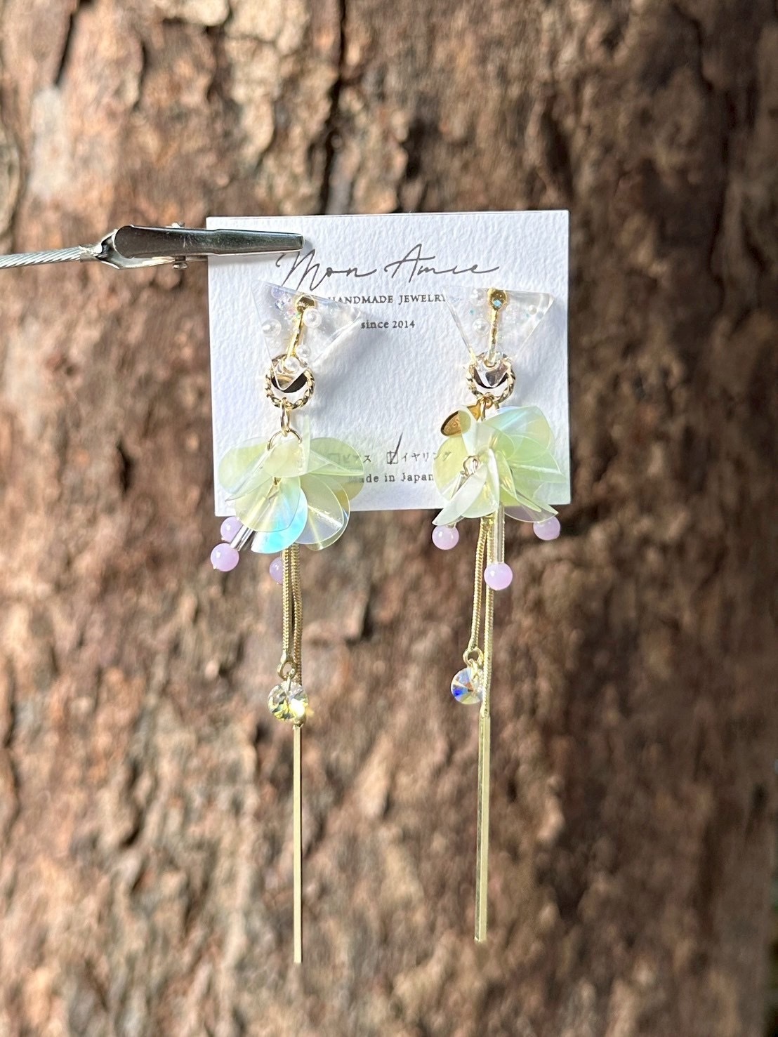 [Mon Amie] 2way 三角寶石亮片球耳環 | 淺綠x紫 | NO.32 | 耳夾