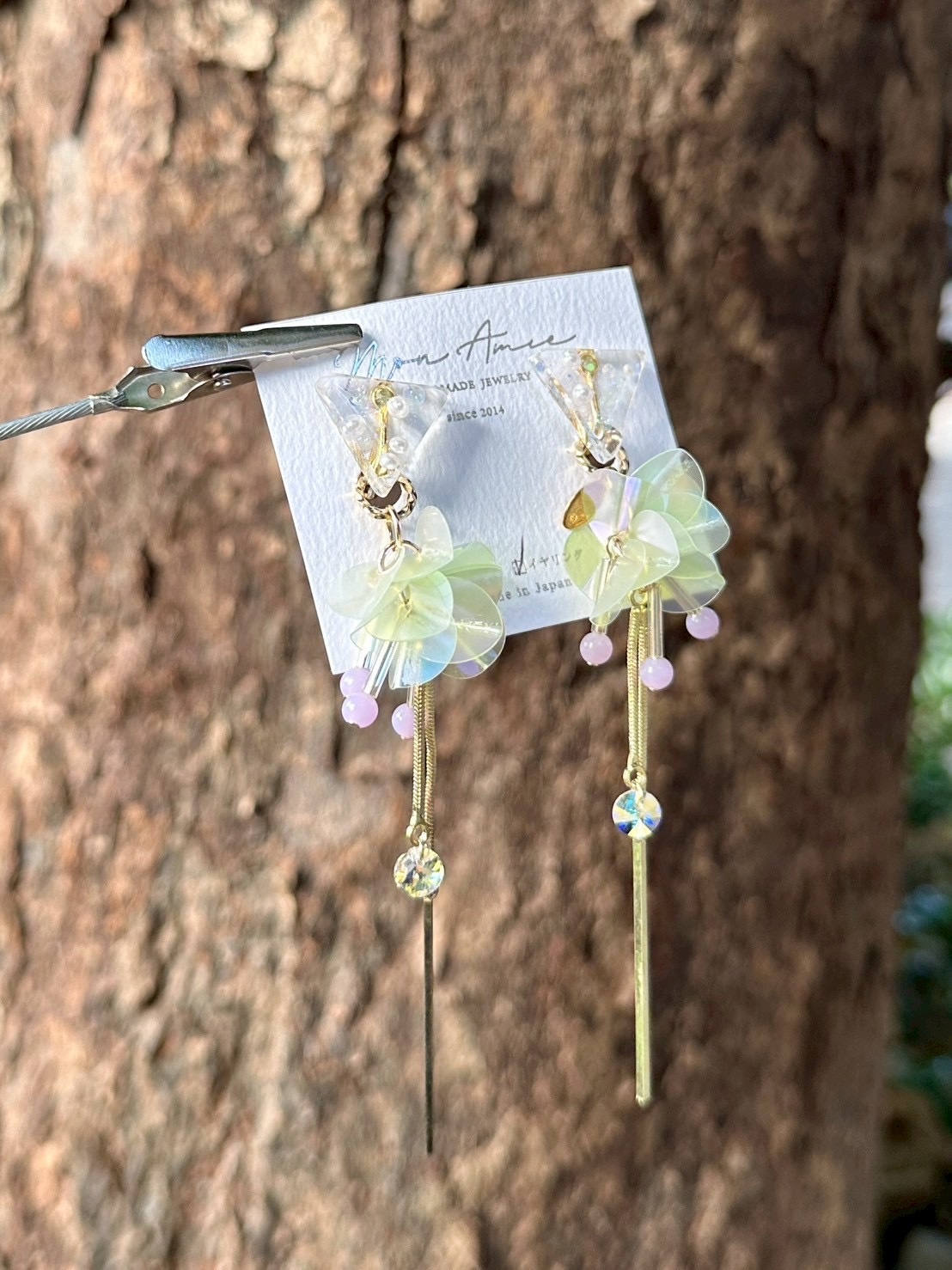 [Mon Amie] 2way 三角寶石亮片球耳環 | 淺綠x紫 | NO.32 | 耳夾