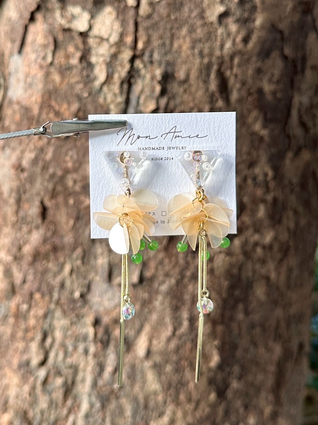 [Mon Amie] 2way 三角寶石亮片球耳環 | 綠x橘 | NO.33 | 耳針