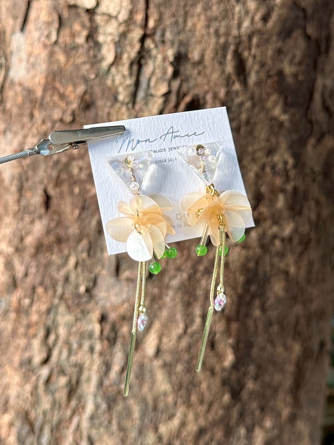 [Mon Amie] 2way 三角寶石亮片球耳環 | 綠x橘 | NO.33 | 耳針