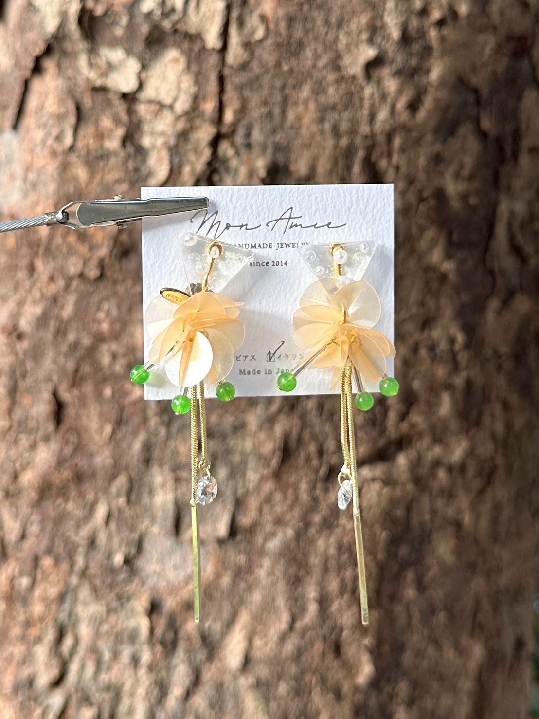 [Mon Amie] 2way 三角寶石亮片球耳環 | 綠x橘 | NO.33 | 耳夾