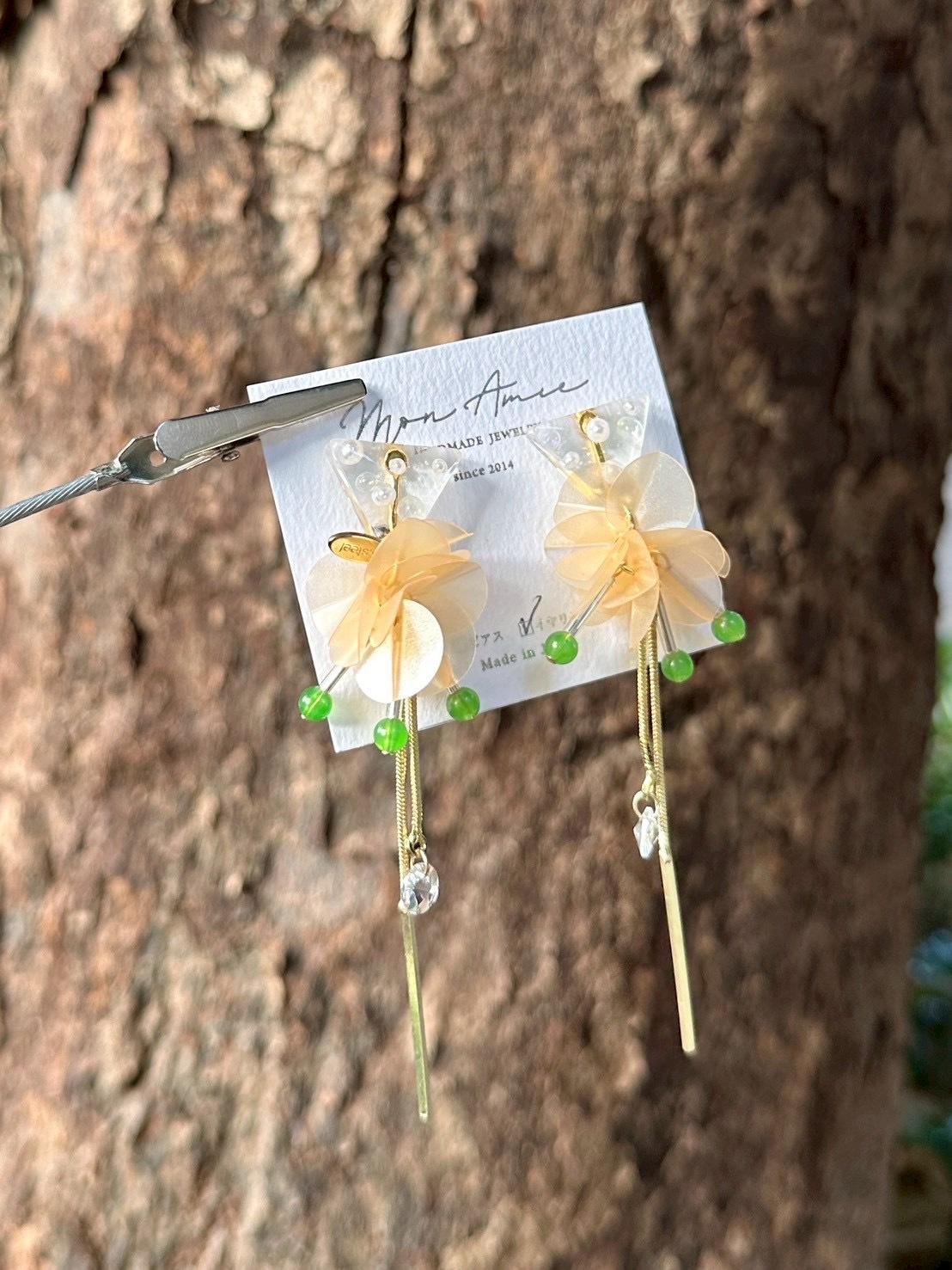 [Mon Amie] 2way 三角寶石亮片球耳環 | 綠x橘 | NO.33 | 耳夾