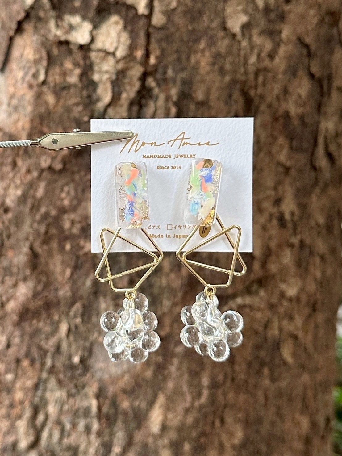 [Mon Amie] 2way 彩繪方形幾何透明珠耳環 | 自然款 | NO.35 | 耳針