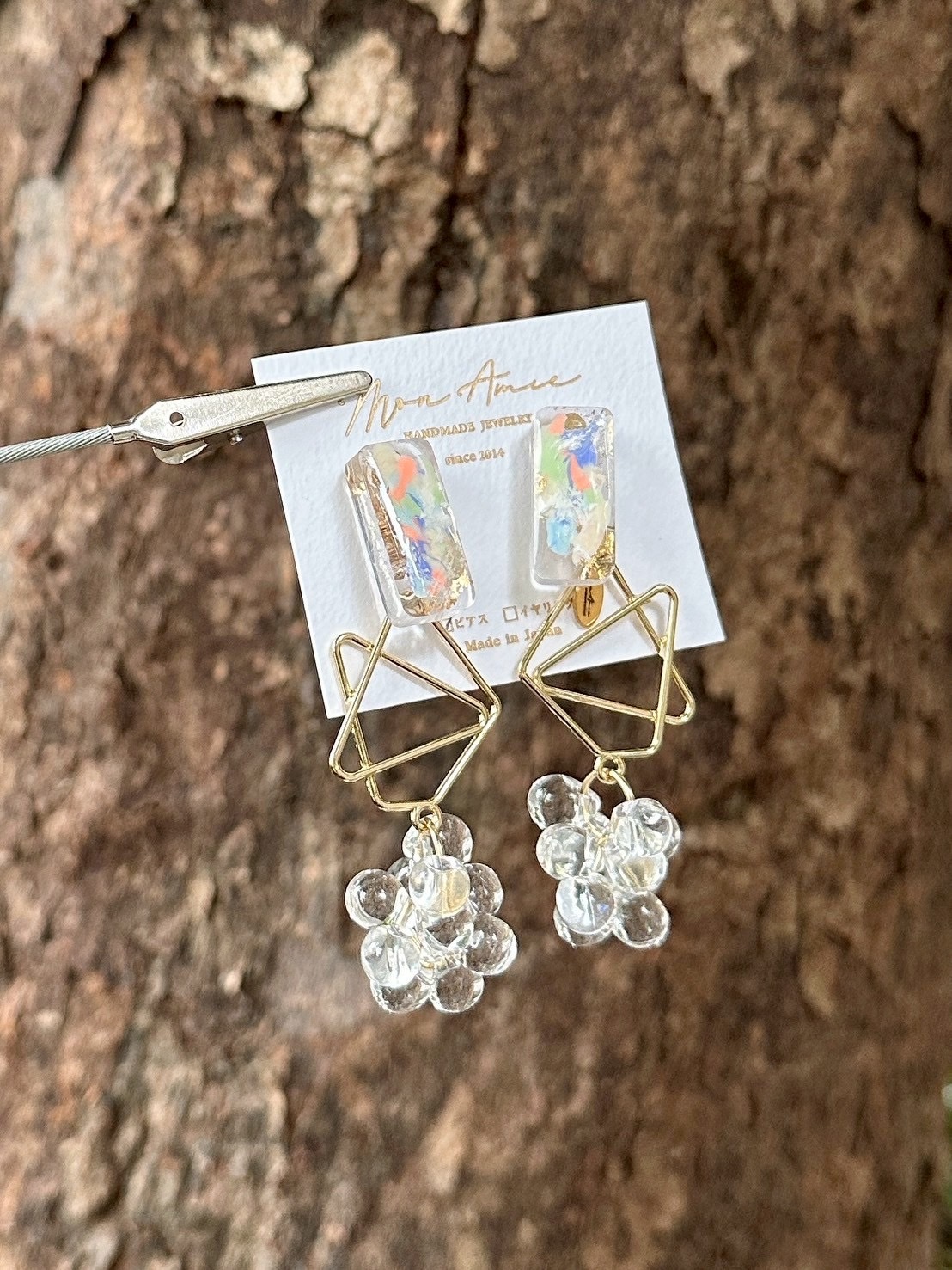 [Mon Amie] 2way 彩繪方形幾何透明珠耳環 | 自然款 | NO.35 | 耳針