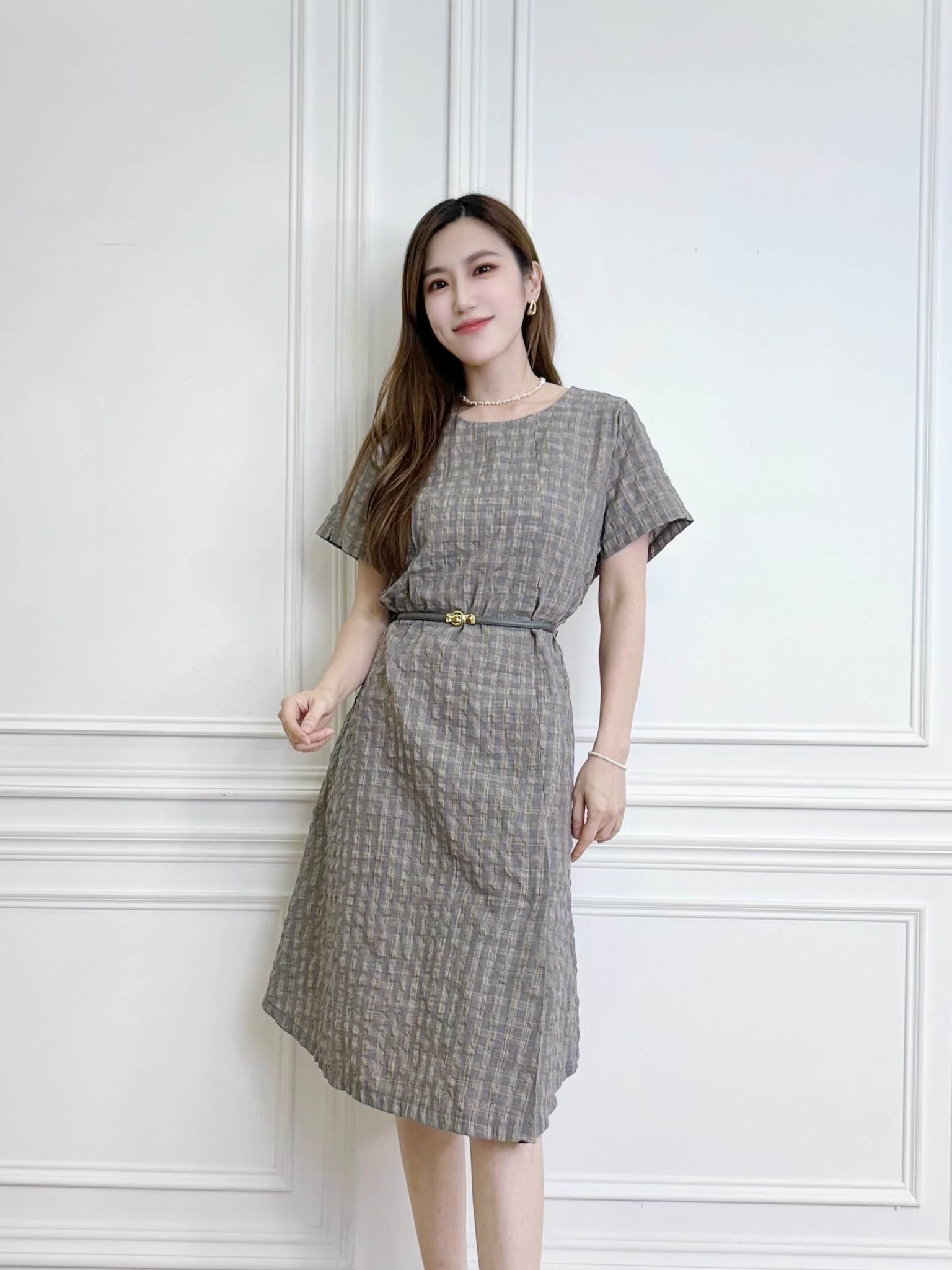 揉皺格紋短袖短傘洋